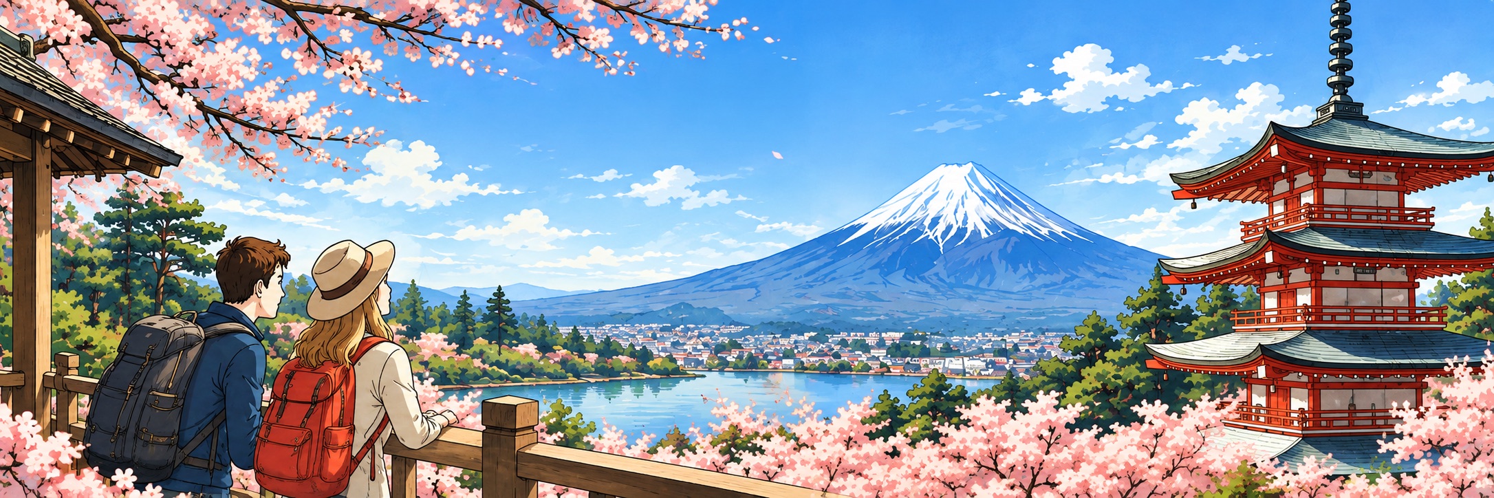 富士山と五重塔を描いた明るい日本文化のイラスト