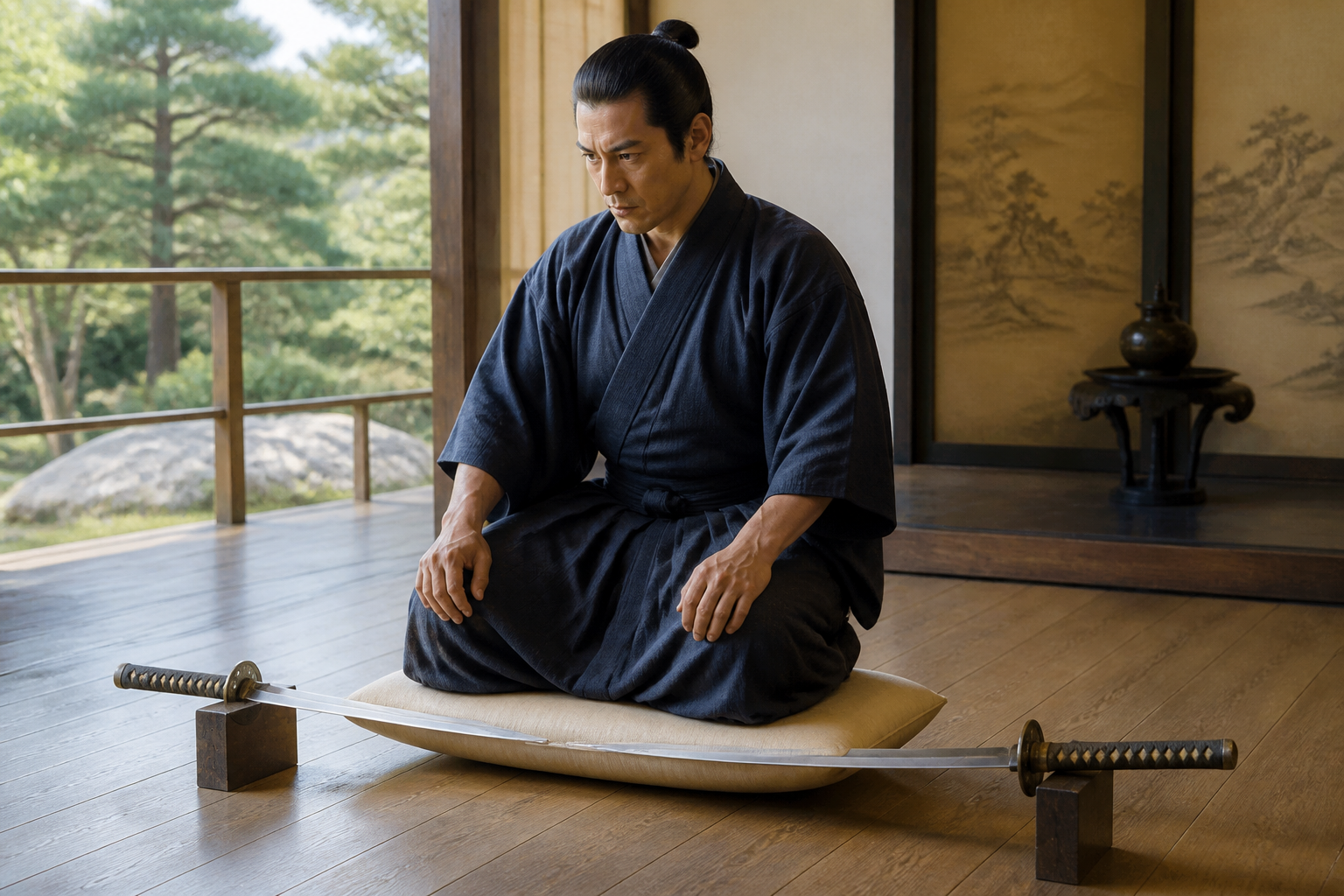 逆刃の剣の上に座る「究極の威嚇」
