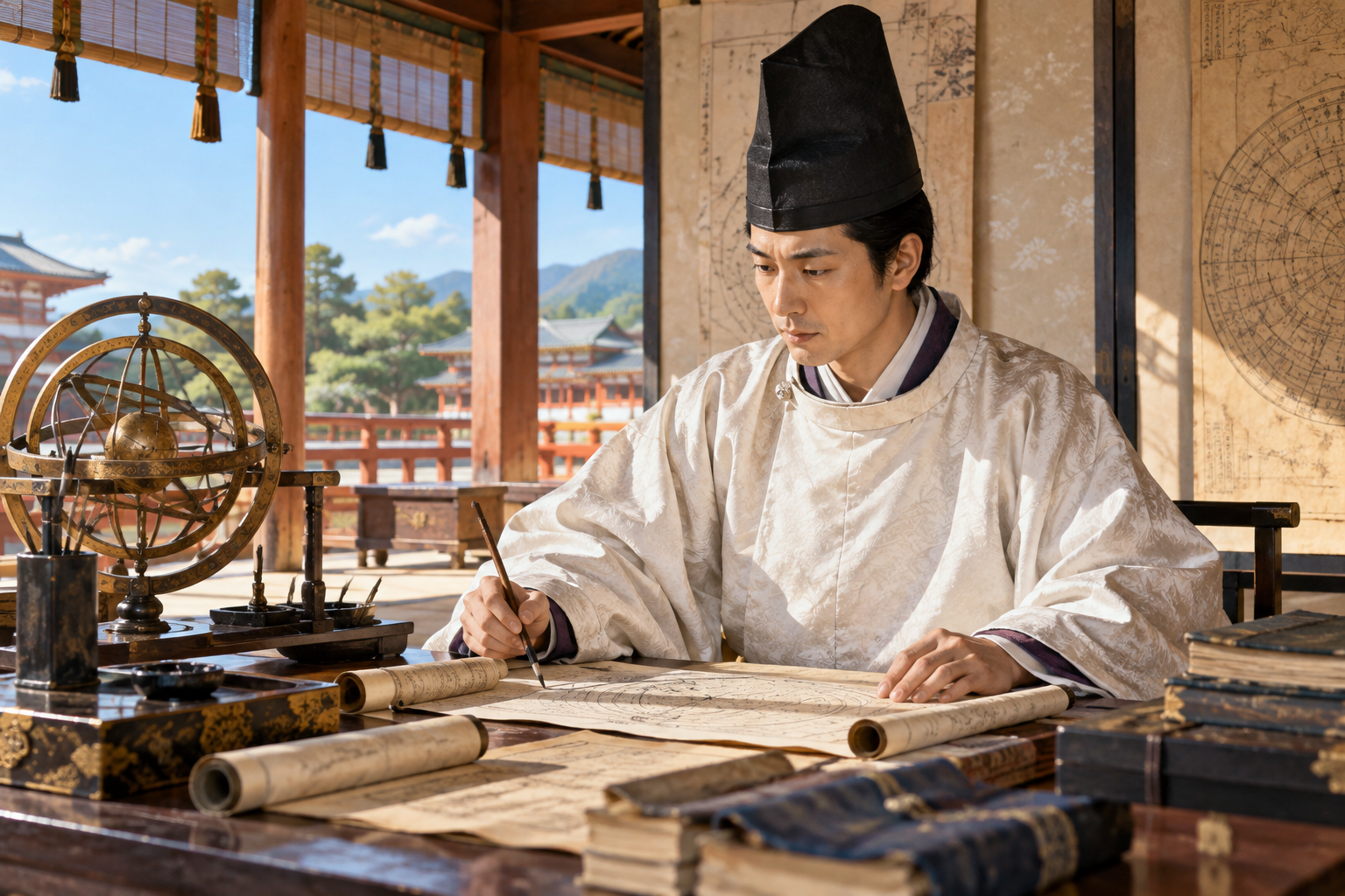 天文や暦の資料を調べる安倍晴明のイメージ