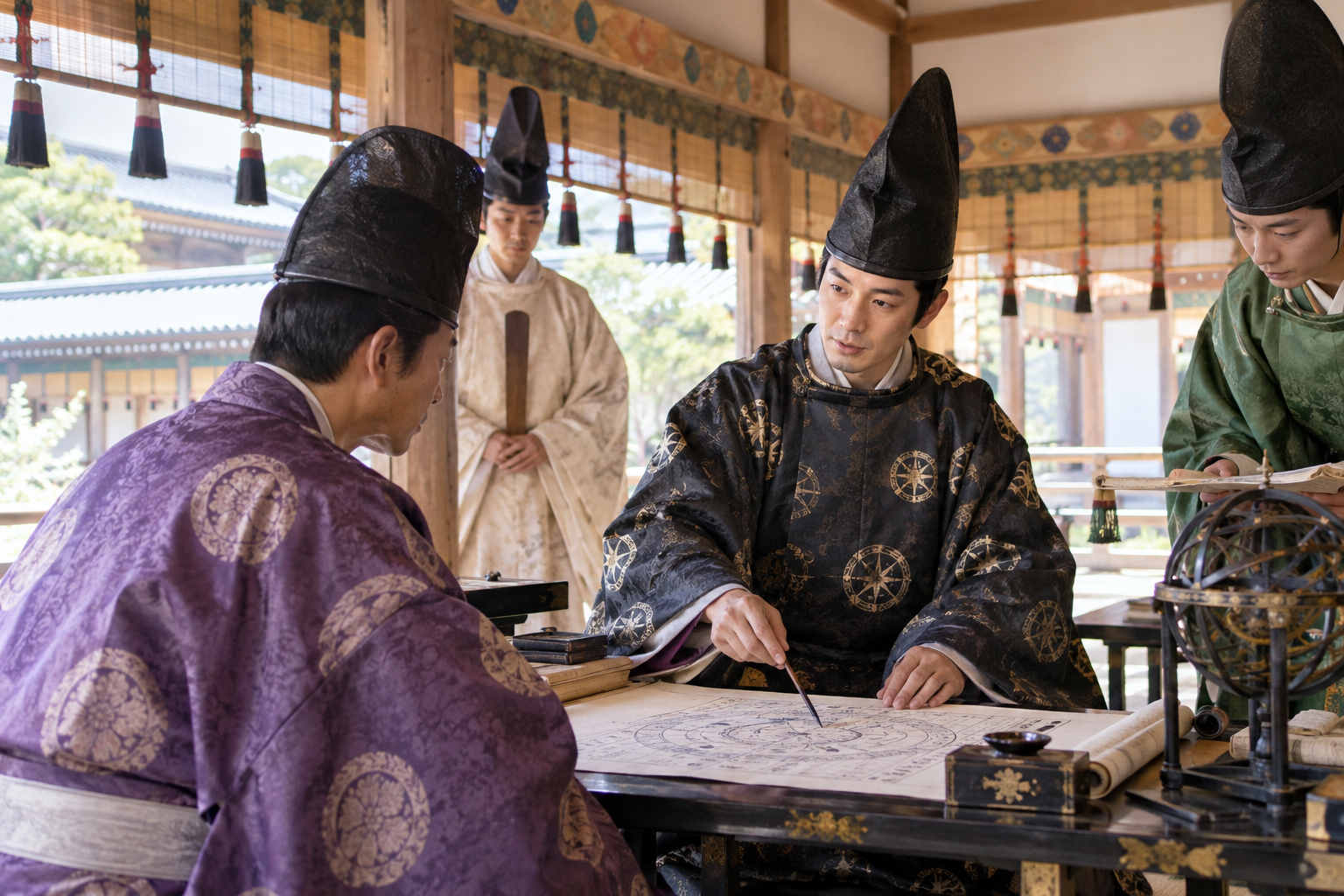 平安貴族に方角や日時について説明する陰陽師のイメージ