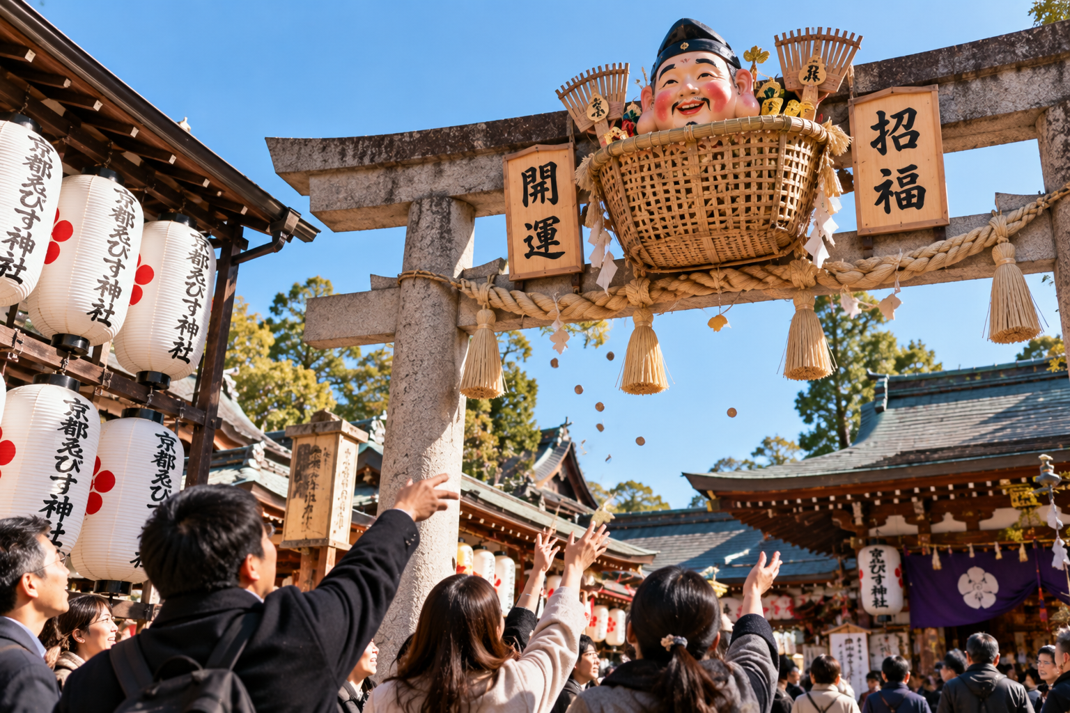 鳥居の上の「熊手」にお金を投げる