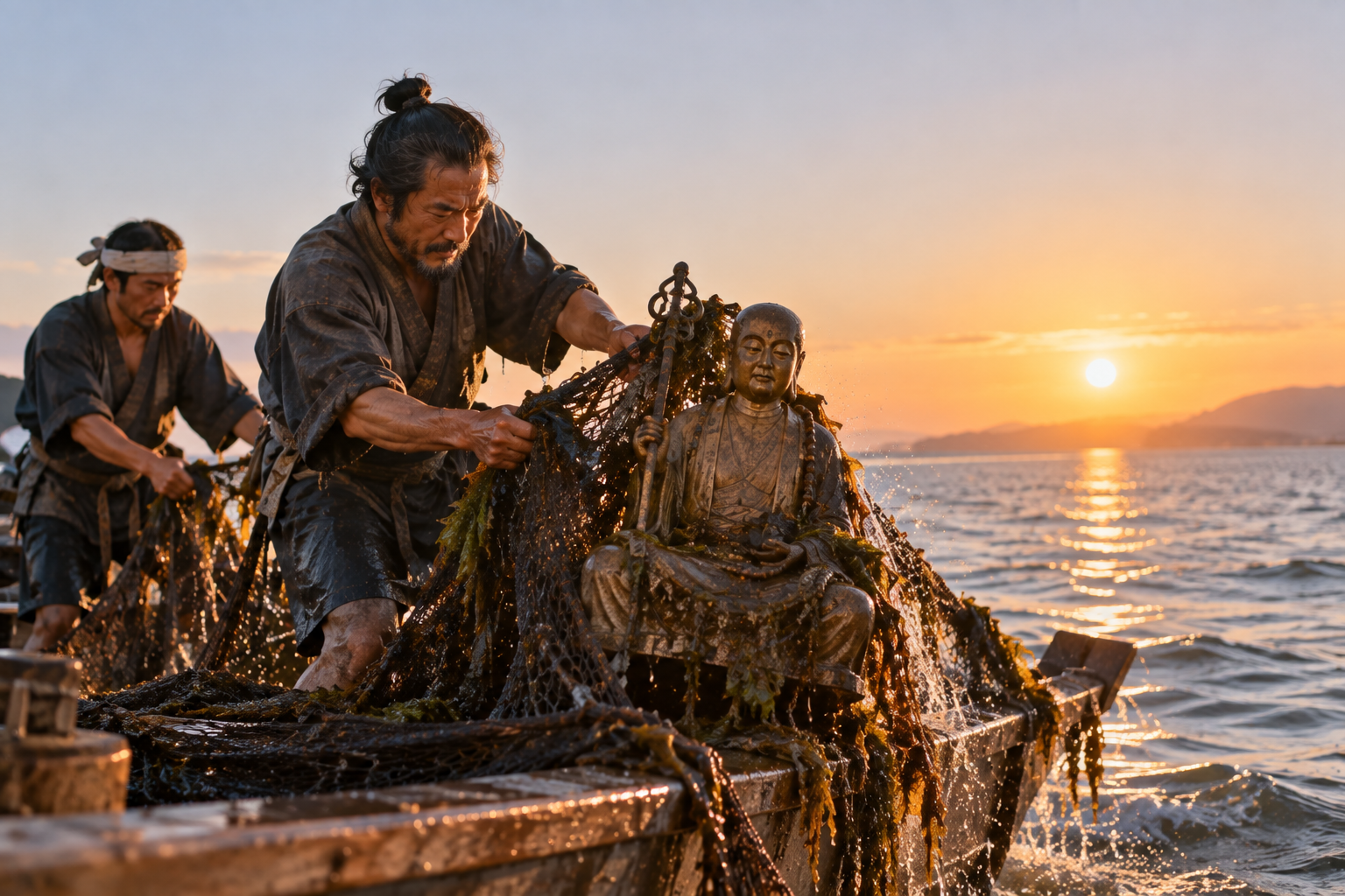 海から引き上げられた「弘法大師像」