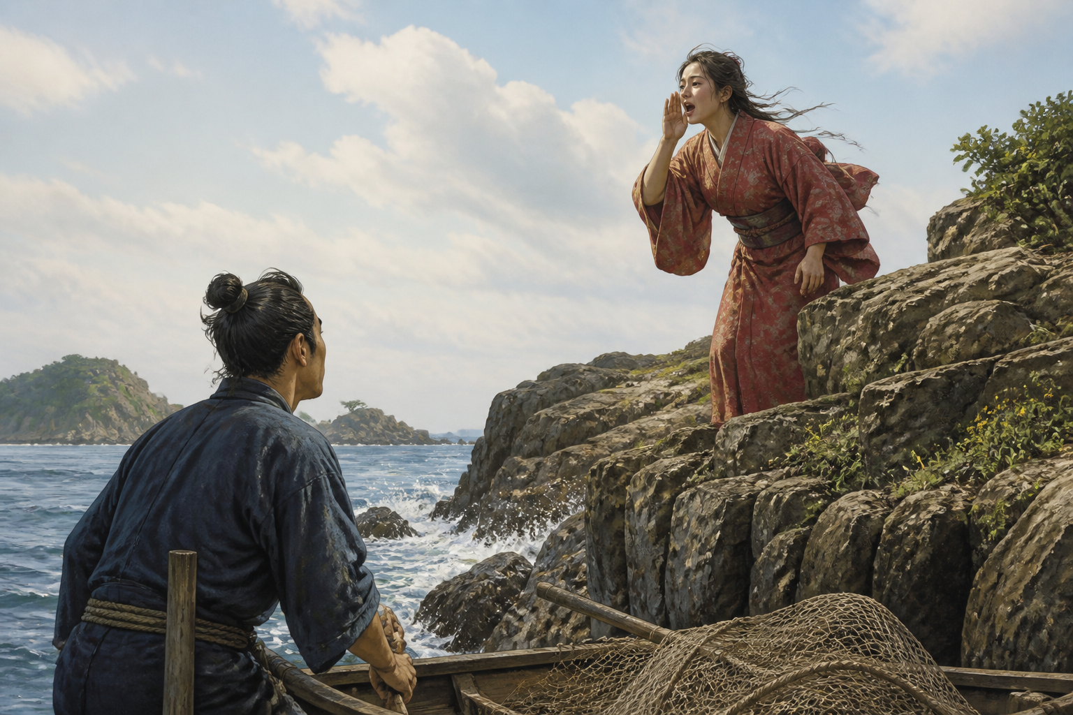 岩場から「おーい」と呼ぶ美女