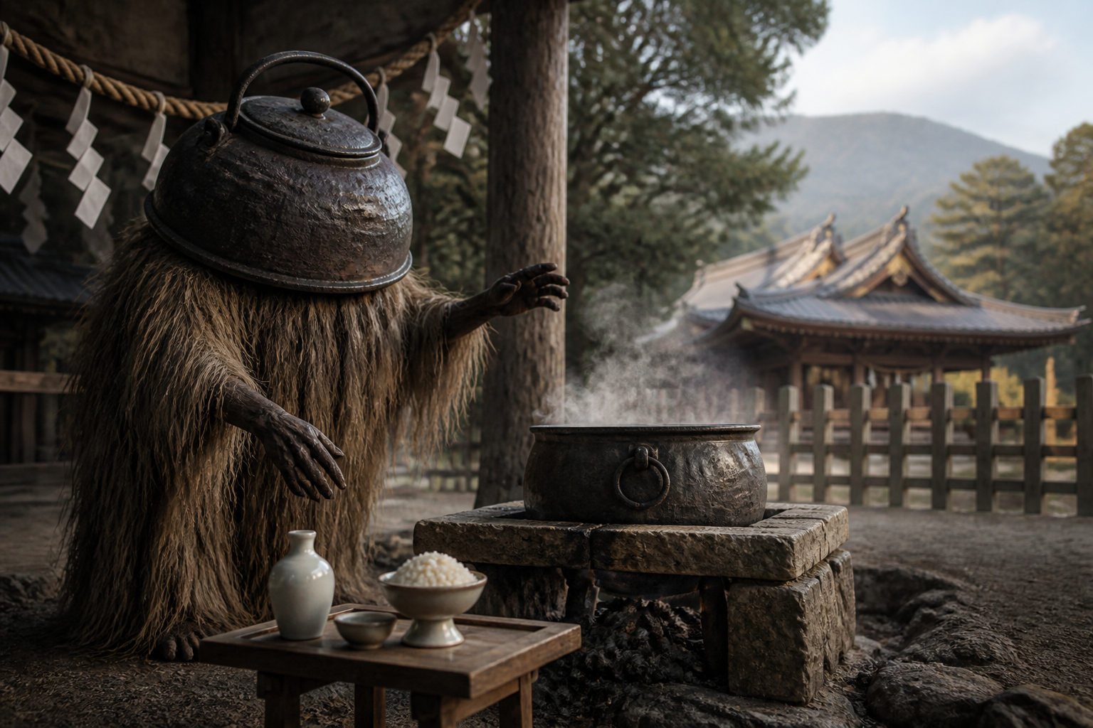 釜の下に埋められた鬼「温羅」の首