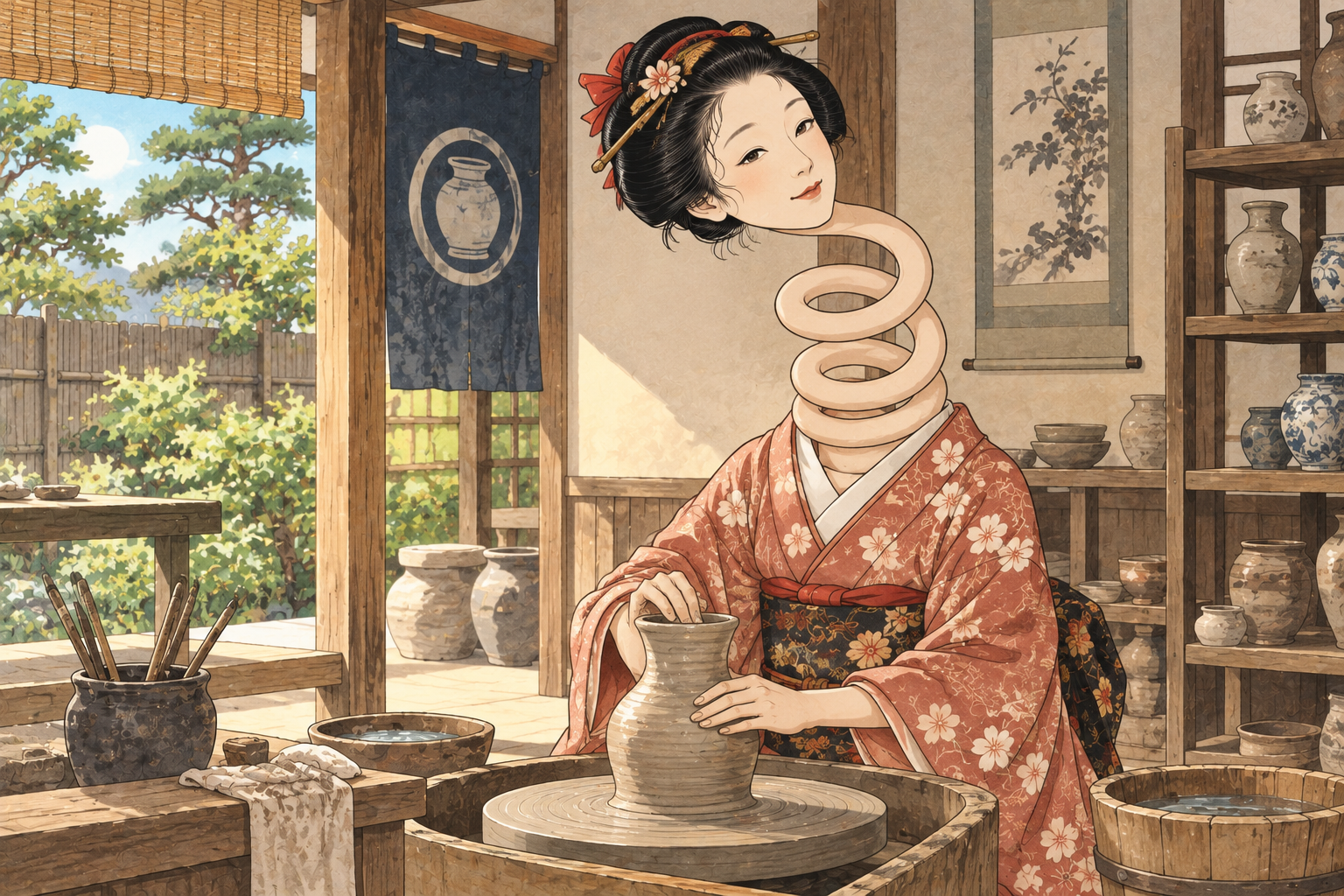 ぐるぐる巻きの首で陶芸のろくろを回すろくろ首