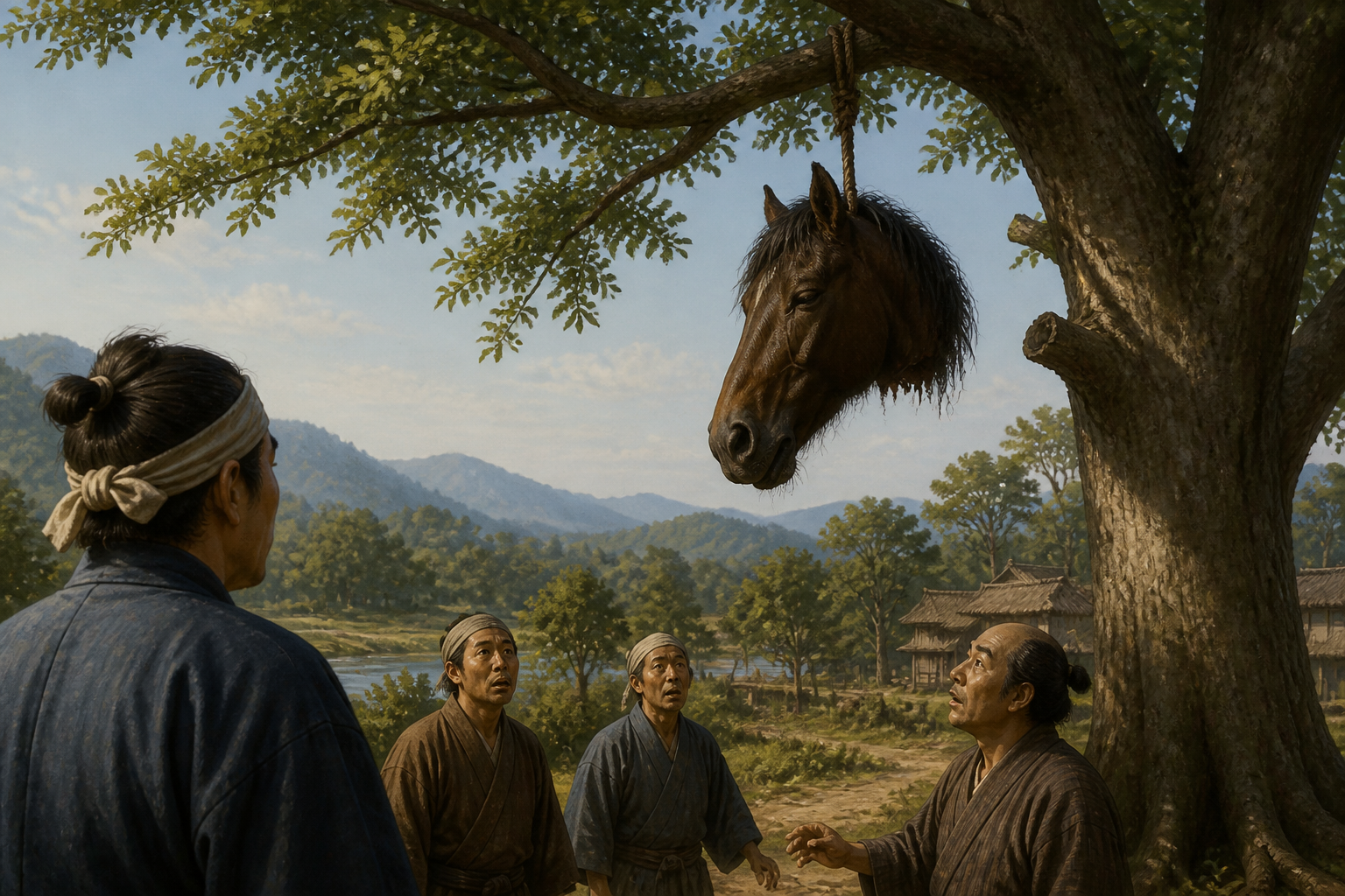 木からぶら下がる「馬の生首」