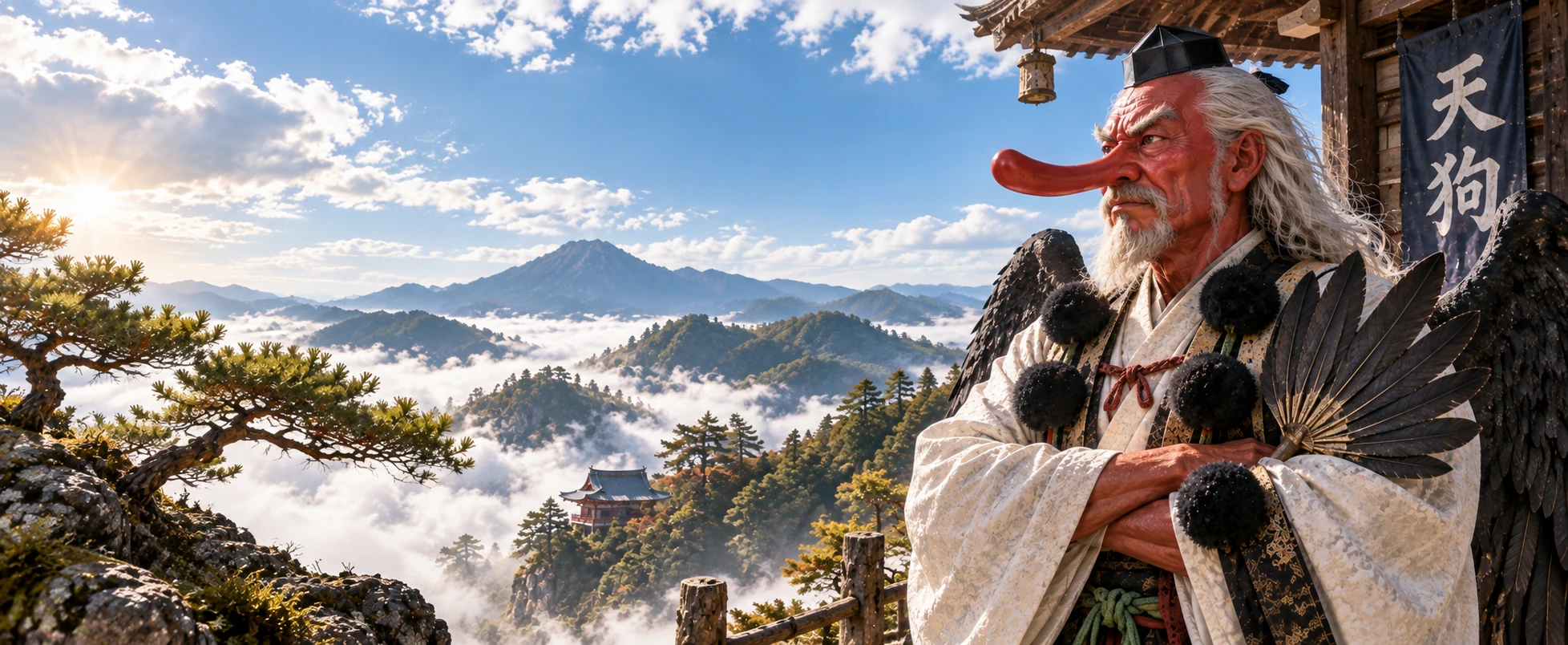 雲海を望む山寺に立つ天狗