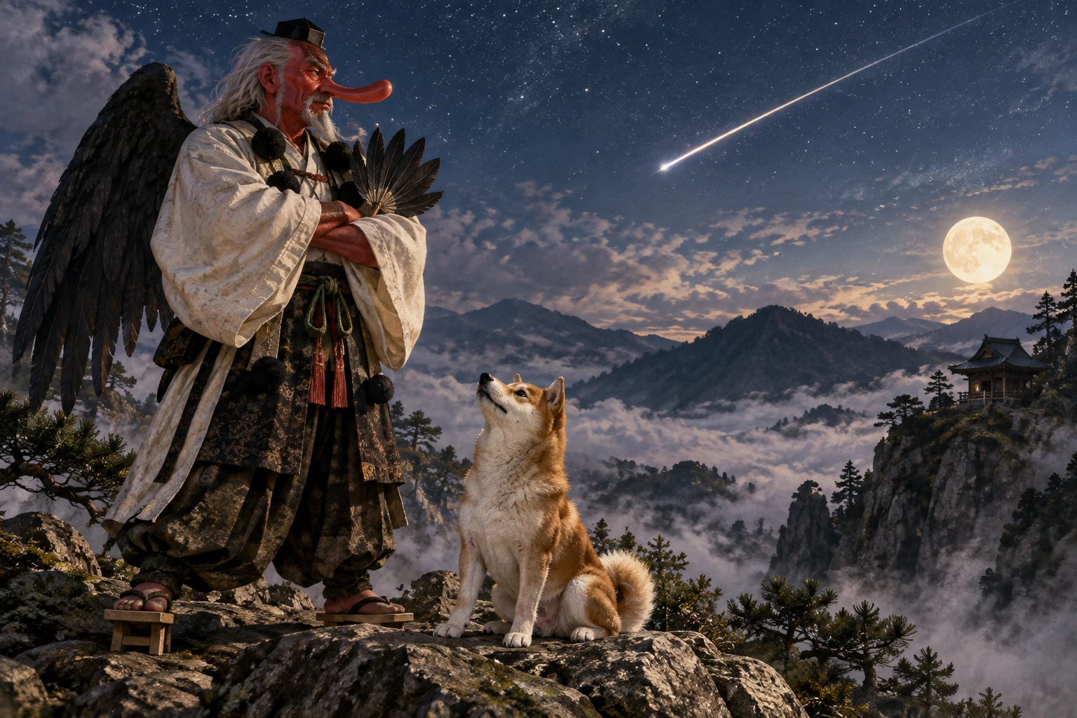 天狗と柴犬が流星の光る夜空の下に立つ