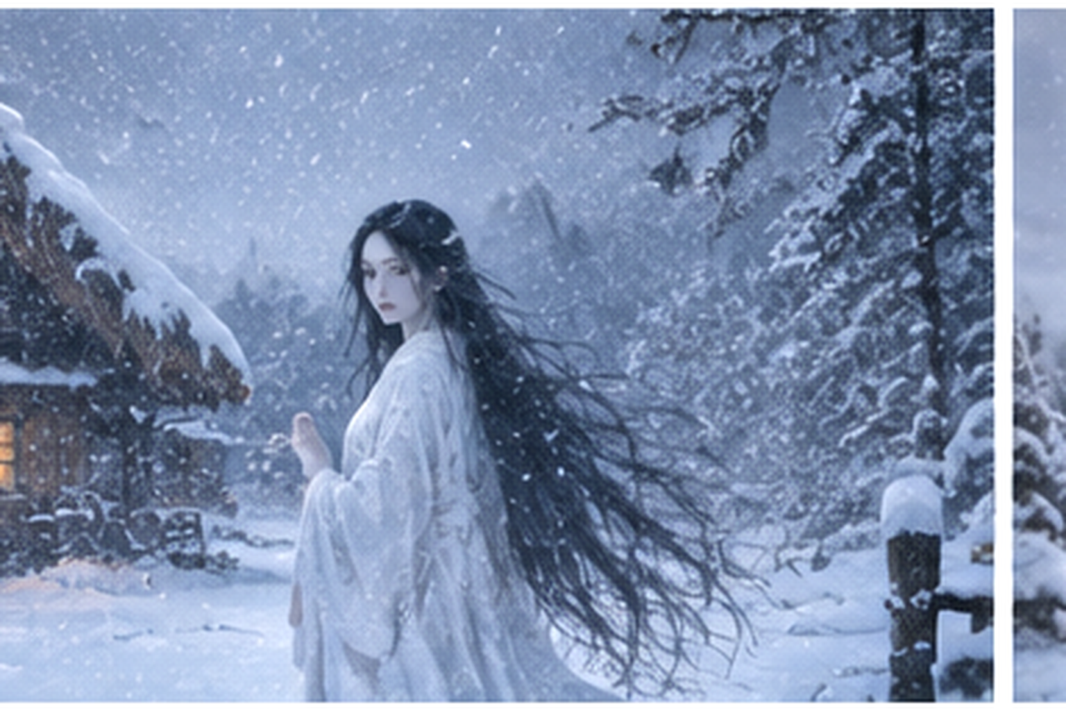 雪深い村に立つ雪女