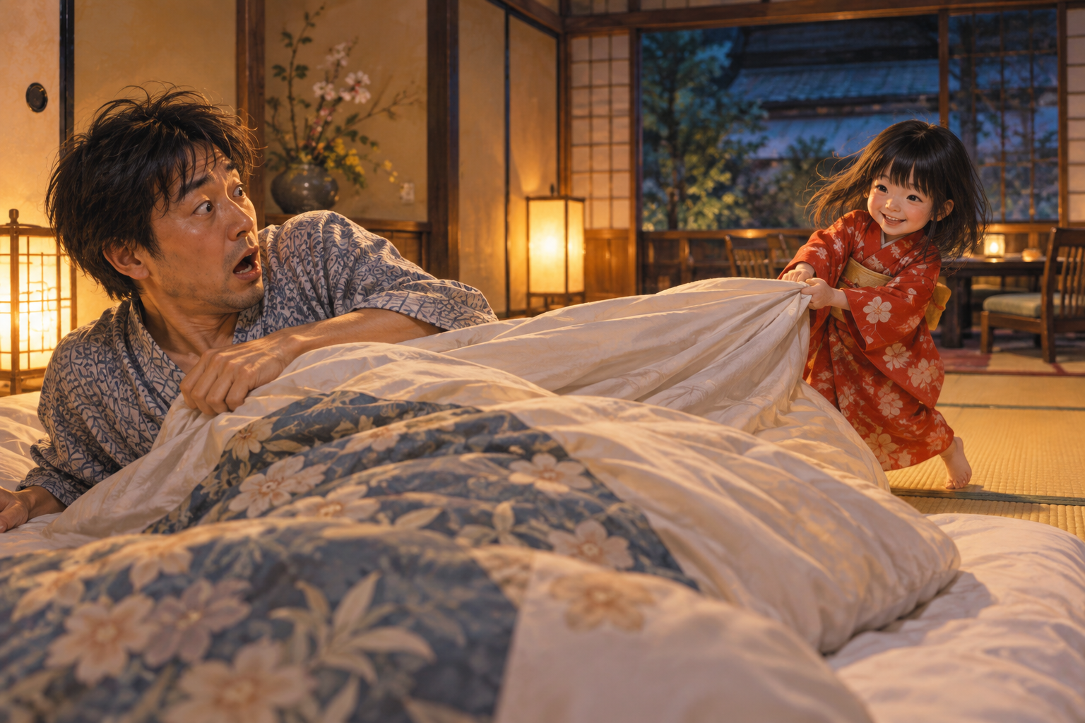 宿泊客の布団をいたずらっぽく引っ張る座敷童子